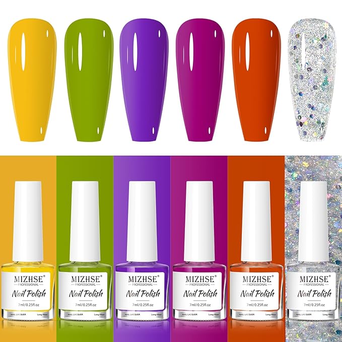 MIZHSE Nail Polish Set, Bright Colors Quick Dry Nail Polish for Women Girls, Fall Nail Lacquer Yellow Green Purple Rose Pink Air Dry Fingernail Polish for DIY Nail Art Salon, Ideal Non-Gel Gift Set