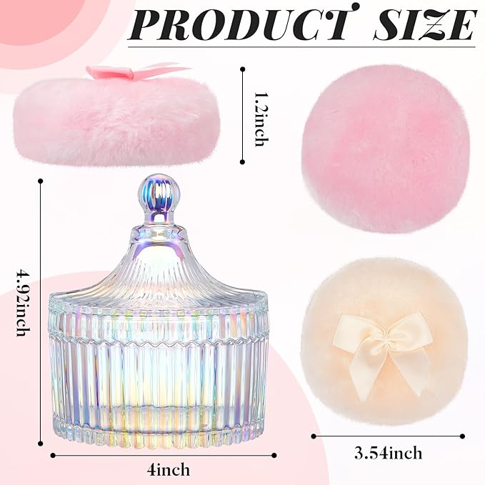 Tioncy 3 Pcs Large Body Powder Puff and Container Powder Container with Puff Crystal Case Soft Washable Reusable Velour Face Body Glitter Wet Dry Makeup(Simple,Dazzling)