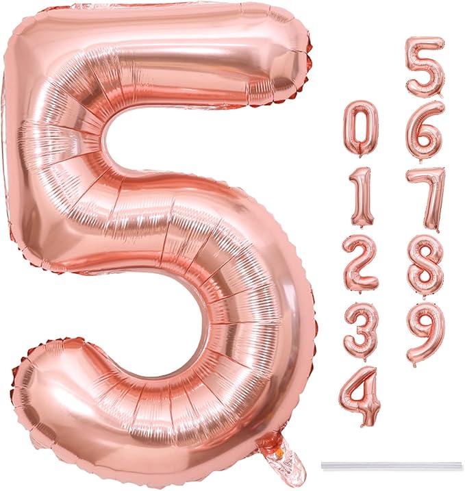 40 Inch Rose Gold Large Numbers Balloons 5, Self Inflating Digit 5 Helium Balloons for 5th Girls, Foil Mylar Big Number Balloons Set 0-9 for Women Birthday Party Anniversary Supplies Decorations
