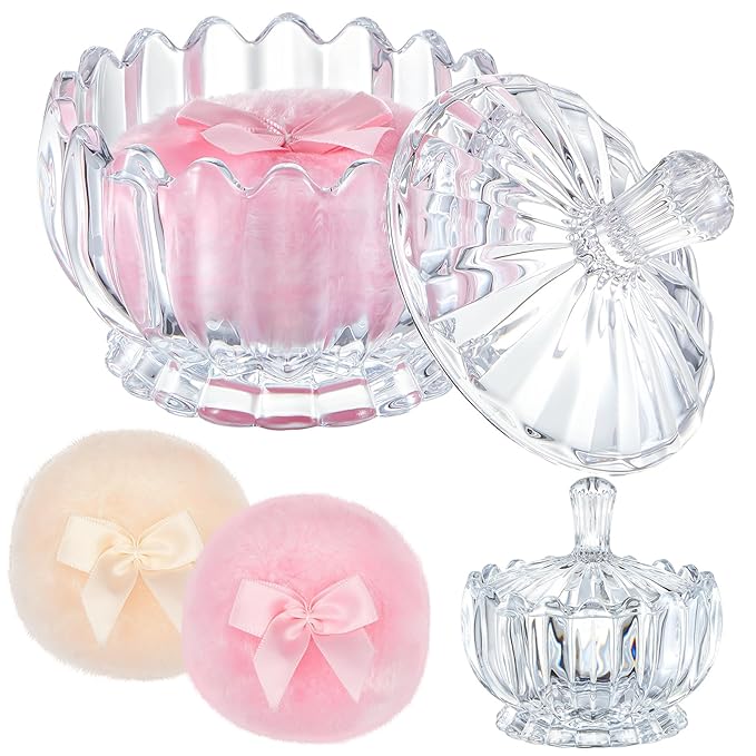 Tioncy 3 Pcs Large Body Powder Puff and Container Powder Container with Puff Powder Puff Crystal Container Soft Washable Reusable Velour Face Body Glitter Powder Puff Wet Dry Makeup(Clear,Cute)