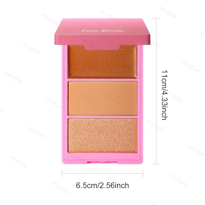 KYDA 3 Colors Blush Palette, All-In-One Face Maleup Palette, Matte Cheek Blusher Makeup, Multi-Finish Shimmery Blusher, Blendable Blush Highlighter Powder,02