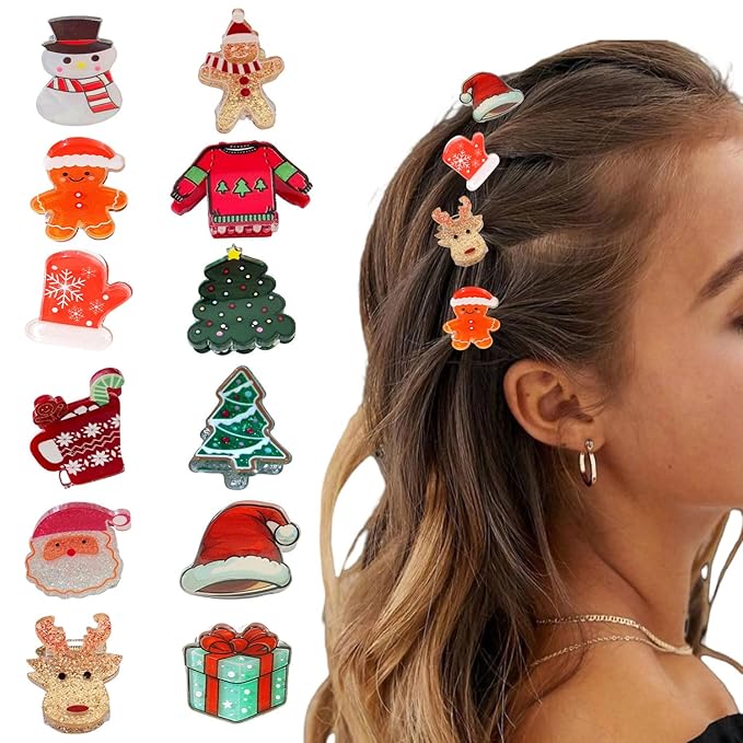 12 Pcs Christmas Hair Clips for Women Snowman、Xmas Tree、Santa Claus、and Gloves Design Christmas Mini Claw Clips Small Hair Claws Strong Hold Jaw Clip Mini Hair Clips for Women Girls Hair Accessories