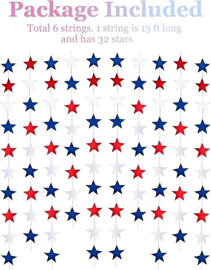 Yzurbu 4th of July Decorations, Red White & Blue Decorations, 78ft Patriotic Star Garland, 6 Strings Star Streamers Banner Hanging Decoration, Labor Day, Patriot Day, Memorial Day, Party Decor