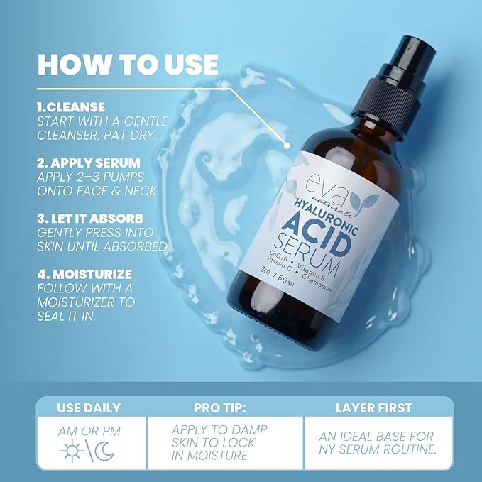 Eva Naturals Hyaluronic Acid Serum for Face – Pure Facial Gel with Natural Moisturizing Factors + HA – Anti-Aging Face Serum for Wrinkles, Fine Lines, Dry Skin, Lifted Glow – 2 oz