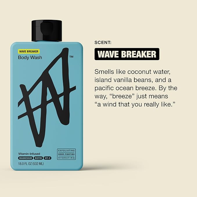 W By Jake Paul Exfoliating Body Wash for Men, Vitamin-Infused, Hydrating Shower Gel, Wave Breaker, 18 fl oz