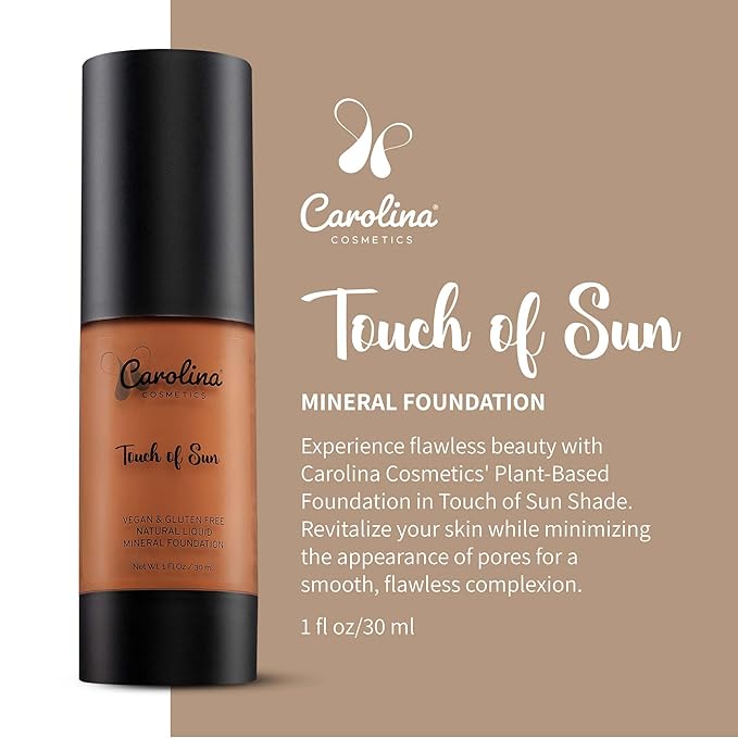 Carolina Cosmetics - Plant-Based Foundation in Touch of Sun Shade - Hydrating, Pore-Minimizing & Buildable Coverage - Vegan, Non-GMO, Gluten-Free, Paraben-Free - Sun Protection - 1Fl Oz