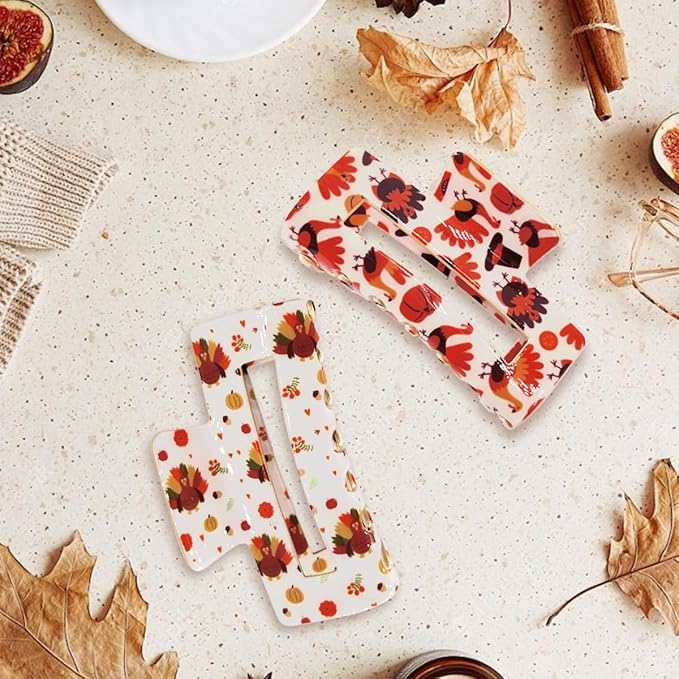 Thanksgiving Hair Claw for Women - 2PCS Turkey Maple Clips Square Large Teeth for Thick and Thin Hair Strong Hold Jar Accessory for Thanksgiving Day Fall Autumn
