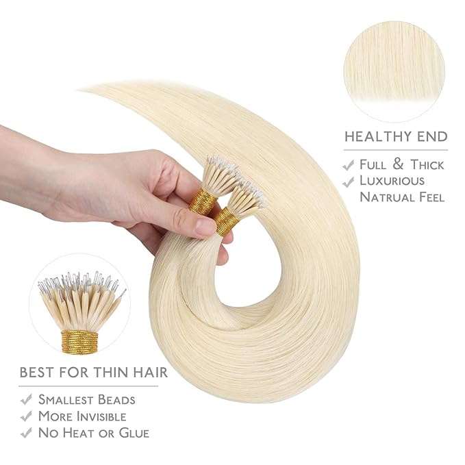 WENNALIFE Nano Bead Hair Extensions Human Hair, 50g 50s 20 Inch Platinum BlondeReal Human Hair Extensions for Women Invisible Nano Ring Hair Extensions Remy Human Hair Extensiones De Cabello Humano