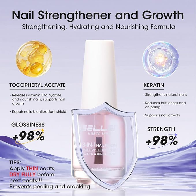 Gellen 3-In-1 Clear Nail Polish Base Top Coat & Strengthener, Sheer Nail Polish Hydrates Strengthens Nourishes Weak Damaged Dry Nails, Keratin & Vitamin E Formula, Hema Free, Non-toxic, Anti-yellowing