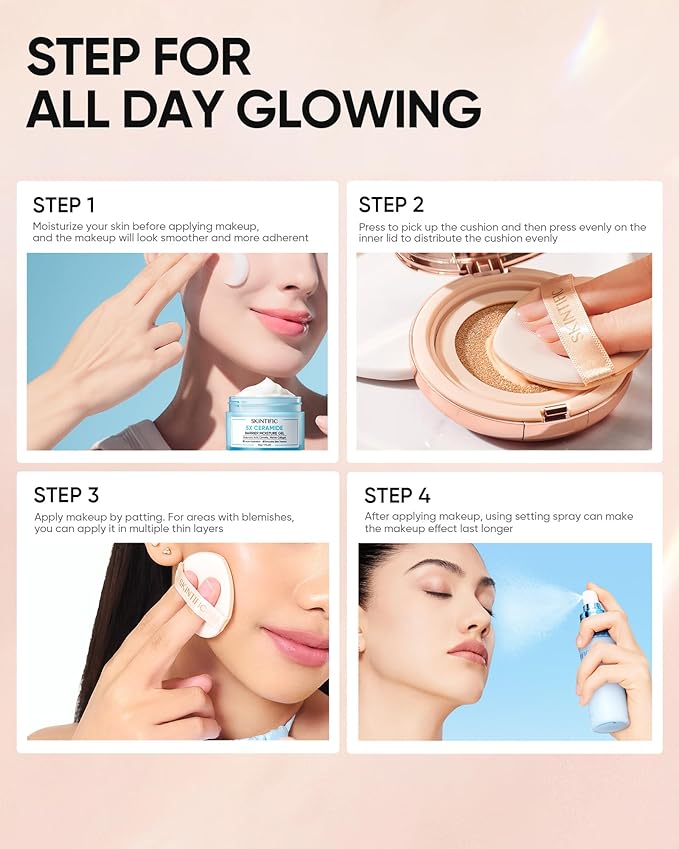Full Coverage Cushion Foundation, Weightless, Skin Fit, Satin Glow Finish, Oil-Control Waterproof Foundation, Sweatproof Flawless BB Cream CC Korean Makeup Buildable