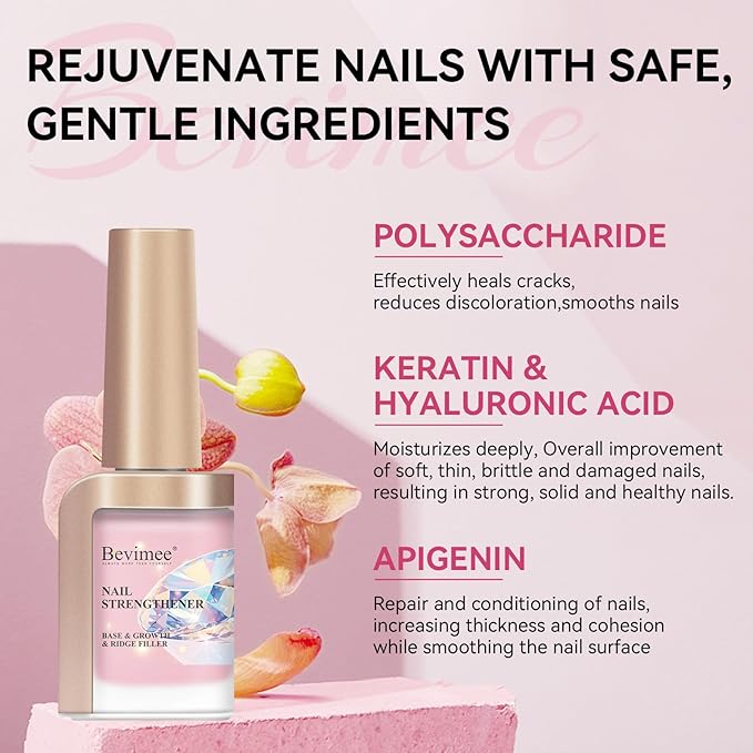 Nail Strengthener and Growth Natural Nails Hardener Pink Nail Repair Strengthening Polish Ridge Filler for Weak and Damaged Nails 12ML