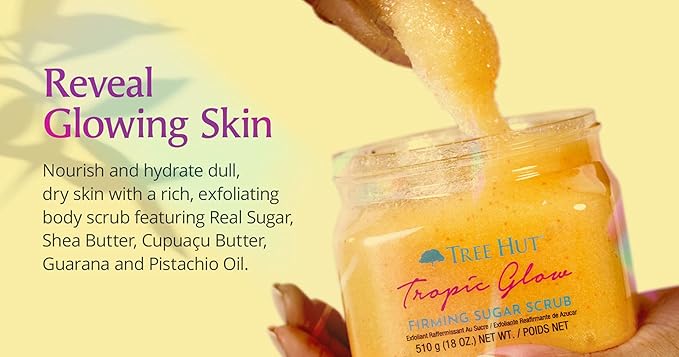 Tree Hut Tropic Glow Shea Sugar Scrub, Exfoliates and Smooths for Soft, Radiant Glow, Warm Scent with Almond, Golden Amber, and Sandalwood, 18 oz
