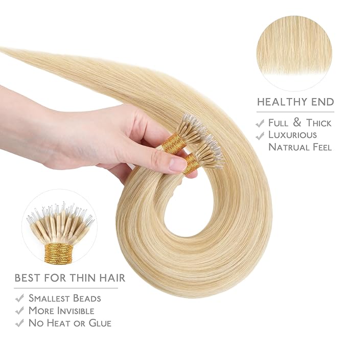 WENNALIFE Nano Bead Hair Extensions Human Hair, 50g 100s 14 Inch Light Blonde Highlighted Golden BlondeReal Human Hair Extensions for Women Invisible Nano Ring Hair Extensions Remy Hair Extensiones