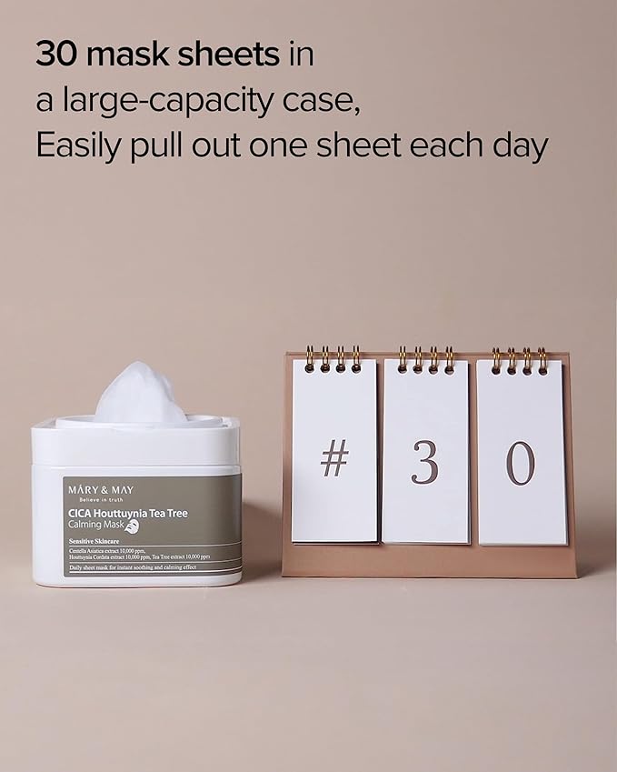 Mary&May CICA Houttuynia Tea Tree Calming Mask - Daily Pull Out Sheet Mask for Instant Soothing & Moisturizing - Korean Skincare, Hypoallergenic and Cruelty-Free, 30 Sheets