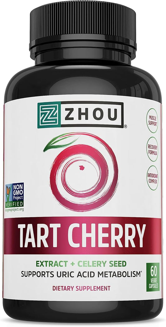 Zhou Tart Cherry Extract + Celery Seed - Tart Cherry Capsules for Men & Women, Tart Cherry Concentrate Pills for Sleep & Uric Acid Cleanse, 1000mg Per Pill - 60 Veggie Capsules (Pack of 1)