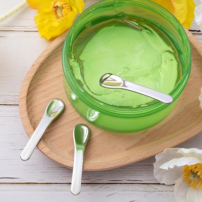 3pcs Mini Metal Makeup Spatula, Reusable Cosmetic Cream Spatulas Spoon, Skincare Scoop Applicator Facial Massage Beauty Tools for Mixing and Sampling Face Eye Cream- Silver