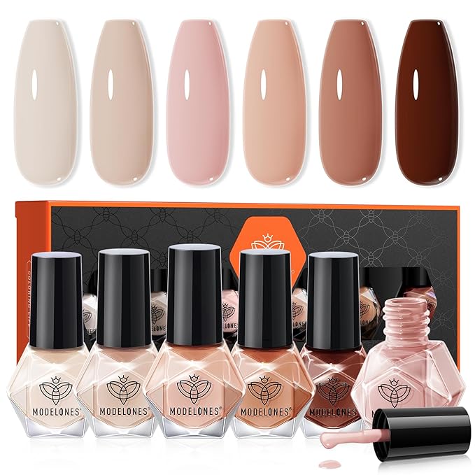modelones Nail Polish Set, 6 Colors Nude Brown Pink Skin Tones Milky White Mini Nail Polish Fall Winter Neutral Brown Quick Dry Fingernail Polish Manicure DIY Salon Home Gifts for Women Girl