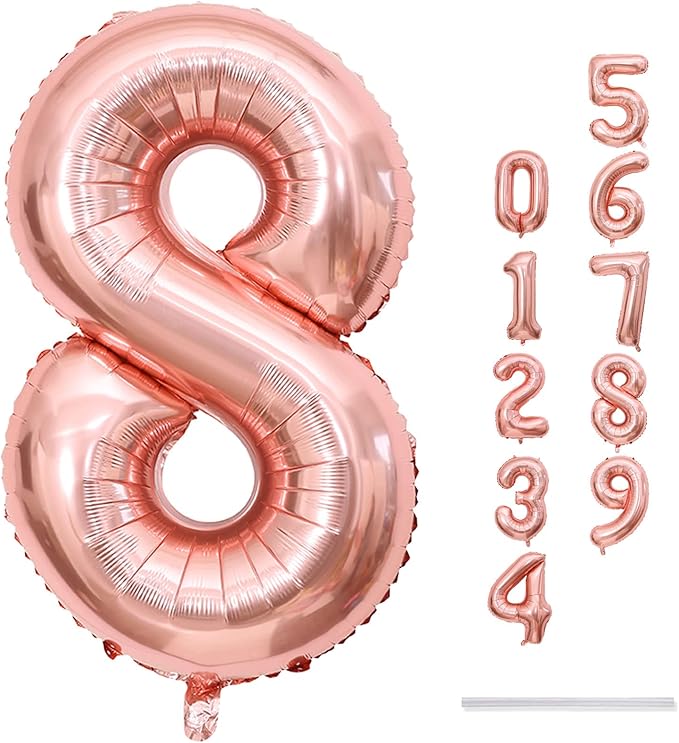 Rose Gold 8 Balloons, 40 Inch Large Foil Number Balloons Set 0-9, Self Inflating Digital 8 Helium Balloon for Girls Women 8th 18th 80th Age Birthday Anniversary Party Decorations Photo Shoot Supplies