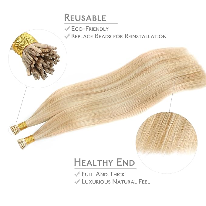 WENNALIFE I Tip Hair Extensions Real Human Hair, 100g 100s 18 Inch Dirty Blonde Highlighted Bleach Blonde Remy Itip Human Hair Extensions Invisible Itips Straight I Tips Cold Fusion Extensions