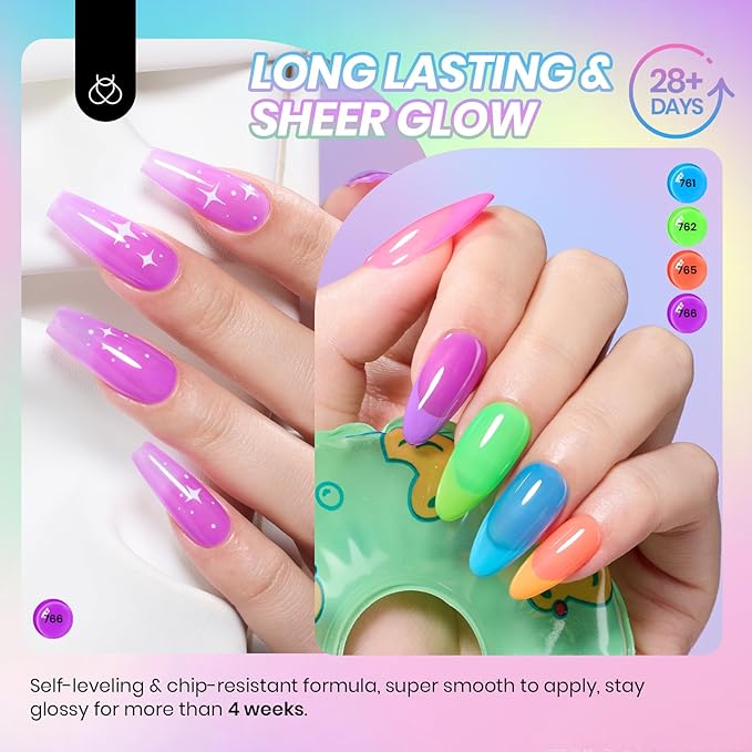 Beetles Neon Gel Nail Polish Set, 6 Colors Summer Jelly Gel Polish Kit Sheer Hot Pink Green Orange Purple Blue Yellow Translucent Effect Soak Off UV French Nail Art Manicure Gift for Women