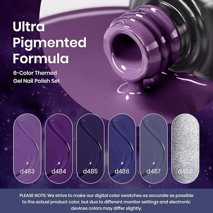 Beetles Purple Gel Polish Set, 6Pcs Purple Blue Gel Polish Silver Glitter Nail Gel Fall Winter Lost Universe Soak Off UV LED Nail Lamp Manicure DIY Home Gift for Women