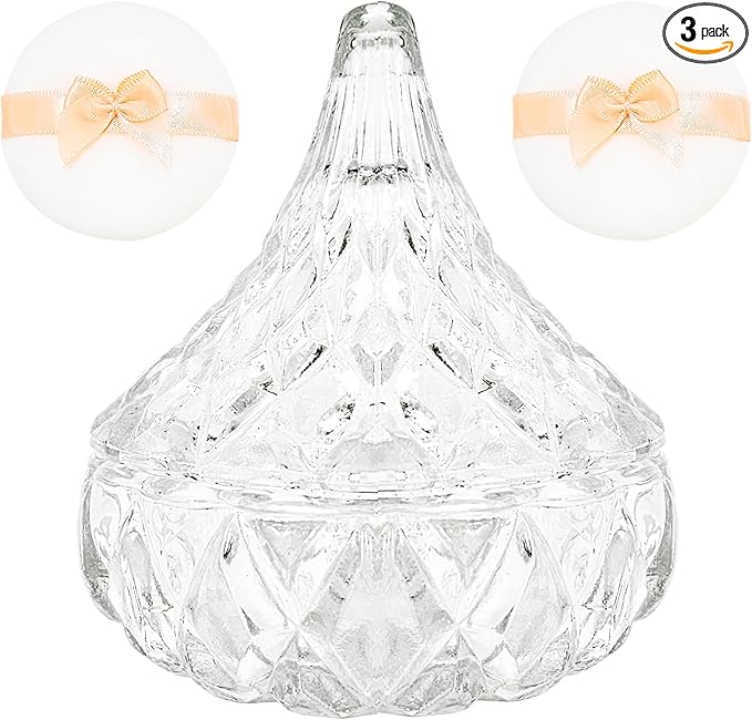 3 Pcs Large Body Powder Puff and Container,Glass Reusable Box Crystal Case Jar with Soft Puff Matsuko Shape