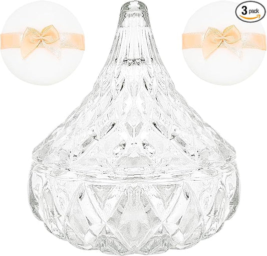 3 Pcs Large Body Powder Puff and Container,Glass Reusable Box Crystal Case Jar with Soft Puff Matsuko Shape