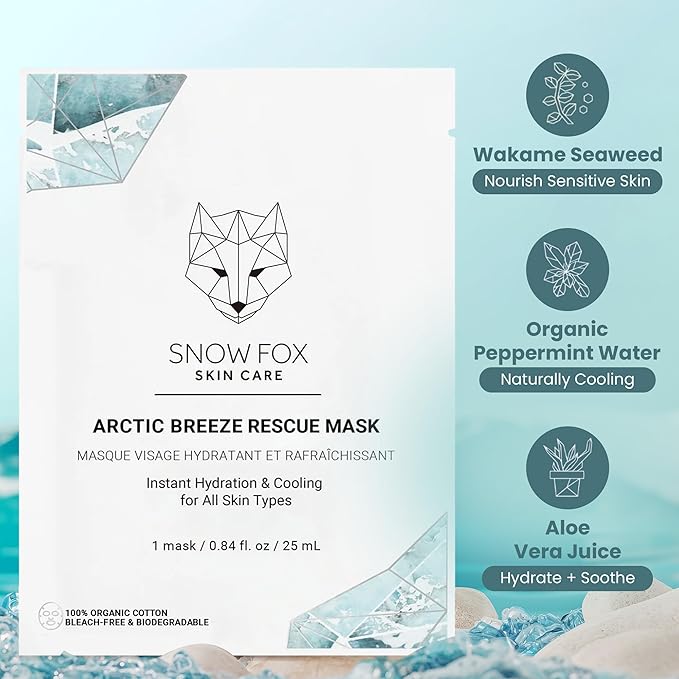 Snow Fox Arctic Breeze Rescue Sheet Mask with Peppermint & Aloe Vera – Cooling Face Mask to Calm & Revitalize Skin and Refresh after Travel – Hydrating Facial Skin Care for all Types – 1 Pack