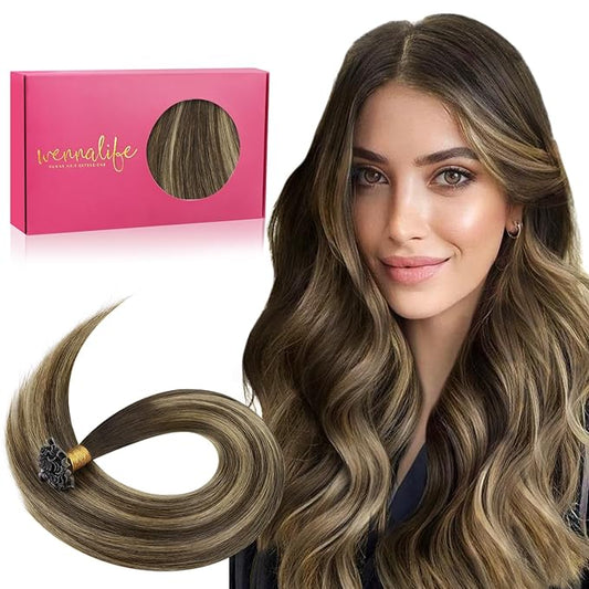 WENNALIFE U Tip Hair Extensions Human Hair, 50g 50s 24 Inch Balayage Chocolate Brown to Caramel Blonde Remy Hair Extensions K Tip Hair Extension Real Human Hair Invisible Straight Keratin Hair