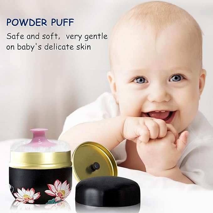 Body Powder Puff and Container for Dusting Powder, Women Powder Puff and Powder Case for Bath and Travel (Lotus)