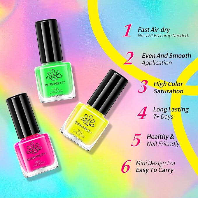 Born Pretty Neon Nail Polish Set, 15 Colors Halloween Nail Polish Quick Dry Nail Polish Kit Hot Pink Yellow Green Blue Nail Lacquer Glossy Nail Polish Manicure Set for DIY Nail Art Salon Home Gift