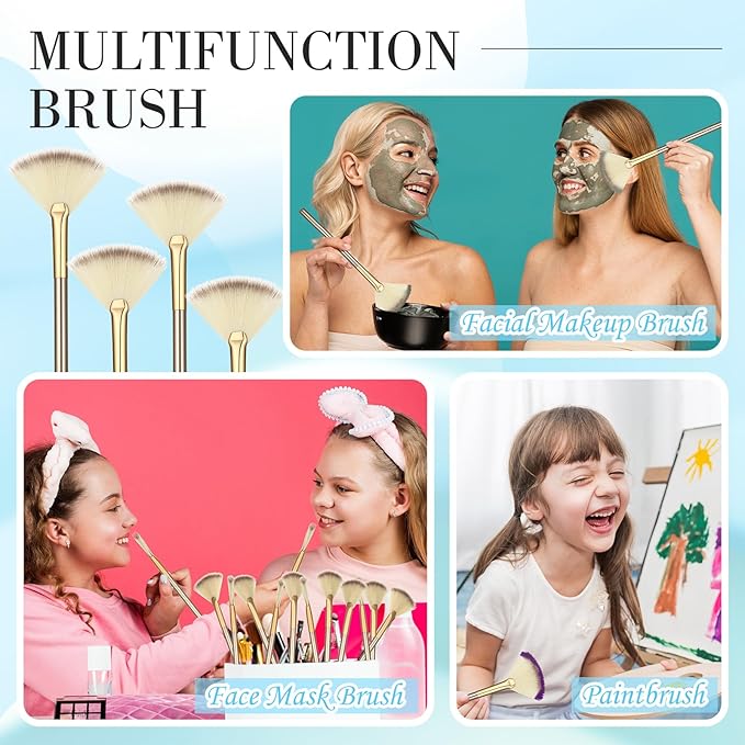 12 Pcs Soft Facial Fan Brush Blush Makeup Brush Face Mask Acid Applicator Multi Use Cosmetic Tools for Peel Mask Makeup for Mud Cream(Champagne)