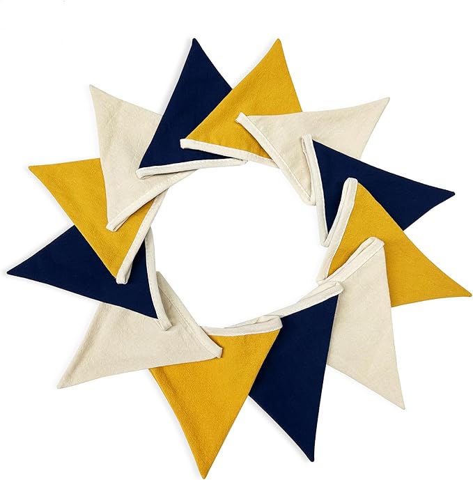 2 Sets of Blue Yellow White Nursery Garland 24Pcs Yellow Blue Fabric Linen Pennant Banner Flags Triangle Streamers for Baby Playroom Decor Kids Boys Birthday Baby Shower Grad Party Decorations