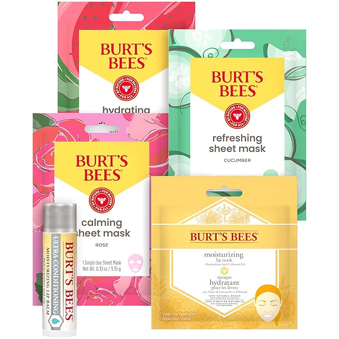 Burt’s Bees® Mask Bundle Gift Set; Moisturizing Lip Mask, Ultra Conditioning Lip Balm, Refreshing Sheet Mask, Calming Sheet Mask; Festive Packaging; 1 Gift Set (Pack of 6)
