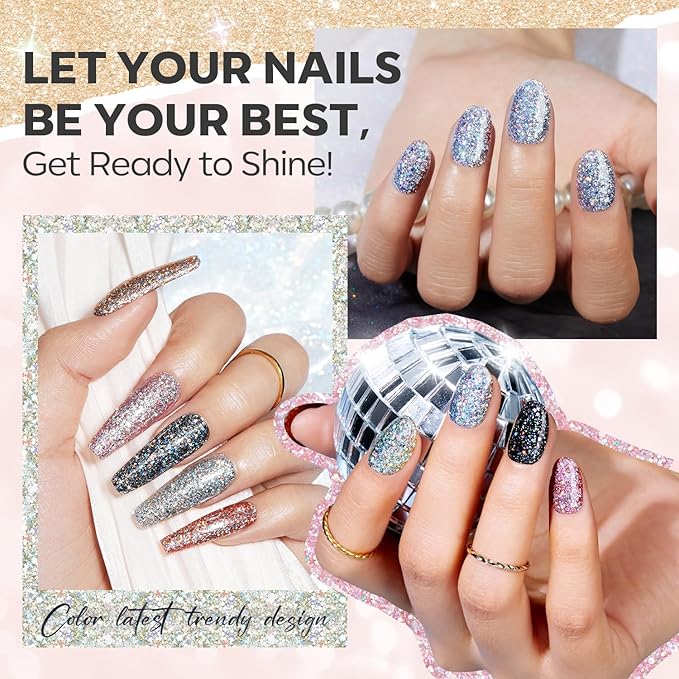 modelones Glitter Nail Polish 6 Colors Holographic Sparkle Glitter Mini Set Flash Diamond Black Silver Gold Quick Dry Manicure Diy Nail Art Salon Gift For Women Girl