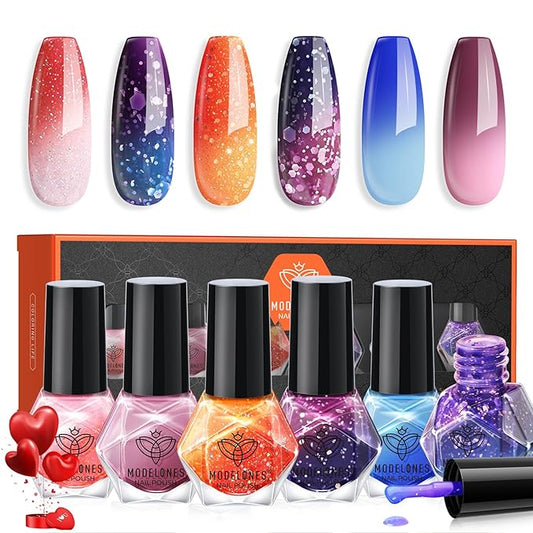 modelones Color Changing Nail Polish Set, 6 Colors Winter Pink Blue Purple Orange Neon Mood Temperature Change Ombre Quick Dry Mini Manicure Kit DIY Nail Art Salon Gifts For Women Girls