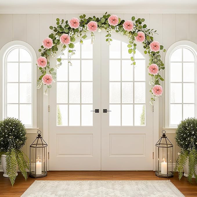 Tissue Paper Pom Pom Garland Hanging Paper Flower Decorations for Wedding Baby Shower Engagement Garden Tea Party Bridal Shower Spring Summer Wall Decor Nursery Arch Backdrop