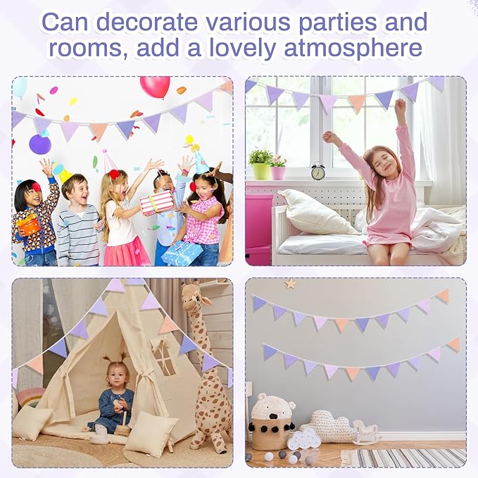 2PCS Pennant Banner Flags, Fabric Bunting Banner Nursery Garland Decor, Baby Shower Garland, Triangle Flags for Baby Boy Room, Playroom, Boho Birthday Party Decor, Each 7.75 ft (Purple Pink)