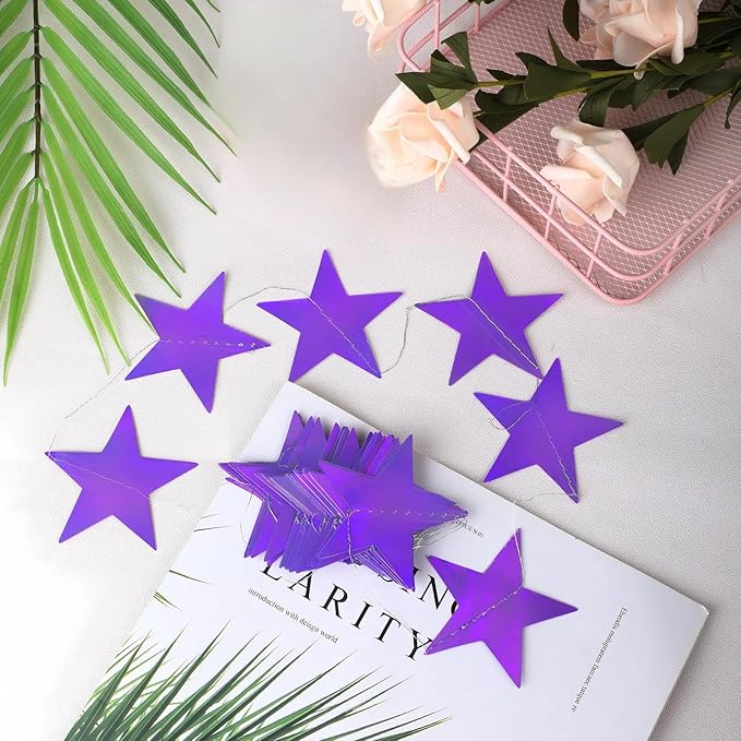 Patelai Glitter Star Garland Banner New Years Decor 130 Feet Star Hanging Banner Twinkle Backdrop for Birthday Classroom Wedding Halloween Christmas Party Supplies(Holographic Purple)