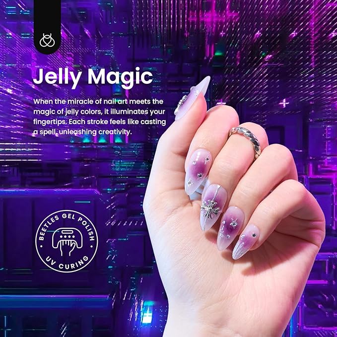 Beetles Jelly Gel Nail Polish Set - Jelly Magic Gel Polish, 6 Colors Pink Red Black Blue Green Purple Halloween Fall Gel Polish Kit Sheer Translucent Effect Soak Off UV Manicure DIY Gift for Women