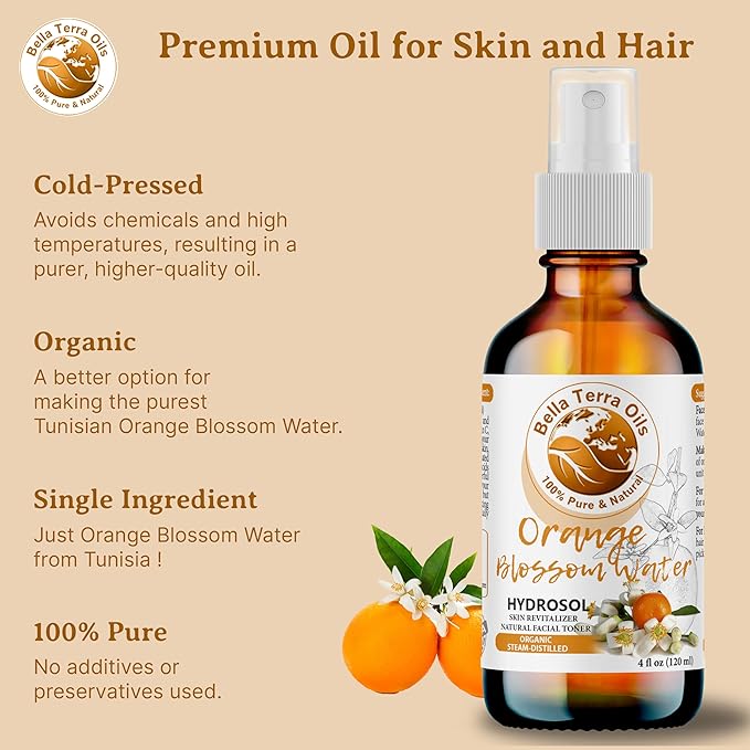 Bella Terra Oils - Organic Neroli Water 8 oz - A Gem of Hydrosol Waters, Infused with Limonene & Linalool, Revel in the Magic of Orange Blossom Toner