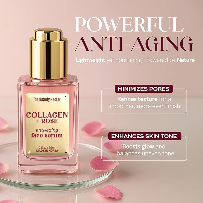 Collagen Face Serum with Rose – Firms Skin, Boosts Hydration, Soothes Dryness – Dermatologist Tested, Anti-Aging, Korean Skin Care – Clean Vegan Formula for Sensitive Skin – 2 Fl Oz