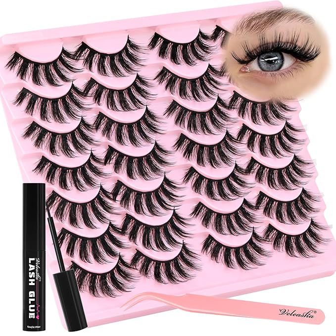 Veleasha Lashes Faux Mink Lashes Fluffy 3D Effect Eyelashes With Waterproof Black Lash Glue Wispy False Eyelashes Kit Long Lasting Lash Bond 14 Pairs Pack (3D07)