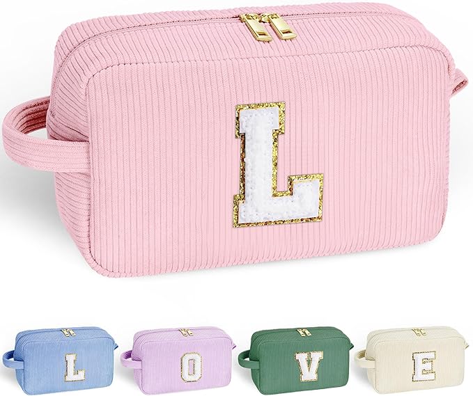 YOOLIFE Cosmetic Bags for Women - Birthday Gifts for Girls Women Preppy Stuff Travel Makeup Bag Teacher Appreciation Gifts Makeup Bags Corduroy Pink Makeup Bag Girlfriend Granddaughter Gifts Letter L