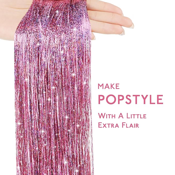 WENNALIFE Hair Tinsel for Girls, Pink Fairy Kit 1200 Strands 6PCS 48 Inch Heat Resistant Glitter Tinsel Hair Extensions Kit Christmas Angel Feathers Sparkle Strands