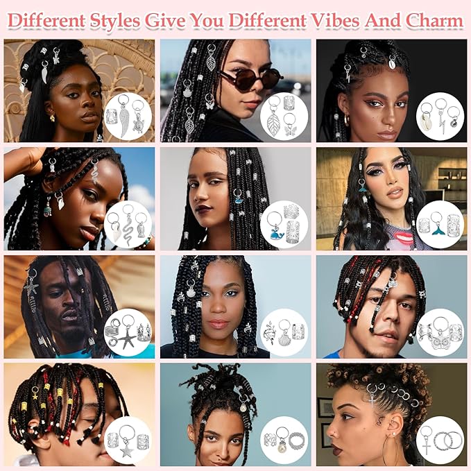 285PCS Silver Hair Jewelry for Braids, 37 Styles Loc Jewelry Charms for Women and Men, Adjustable Metal Hair Cuffs Rings and Clips, Braids and Dreadlocks Accessories, Braiding Hair Jewelry Decorations
