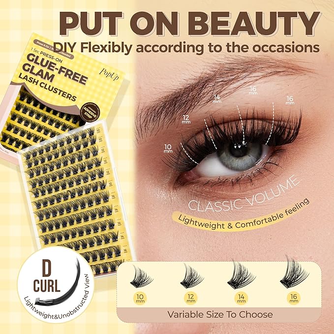 PopUp Self Adhesive Eyelashes Clusters, Press On Lashes Pre Glued Eyelash Extension Kit with Lash Tweezer,10-16mm No Glue No Remover Needed Self Adhesive Lashes Clusters CT50-D