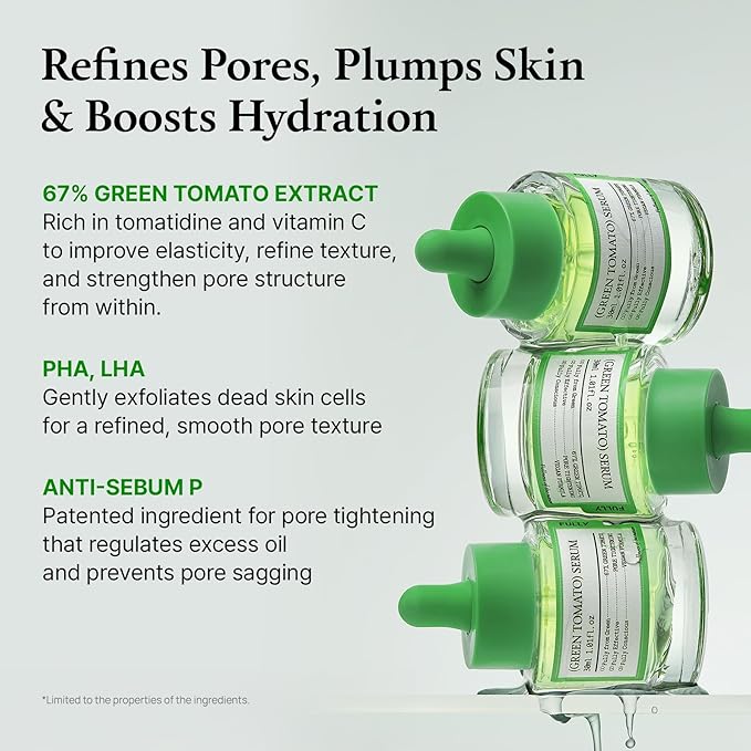 FULLY Green Tomato Serum, Pore Tightening with 67% Green Tomato Extract, Vit C and PHA, Elastcity Boosting and Skin Moisturization, Fragrance Free, Vegan & Dermatologically Tested, 1.01 fl.oz