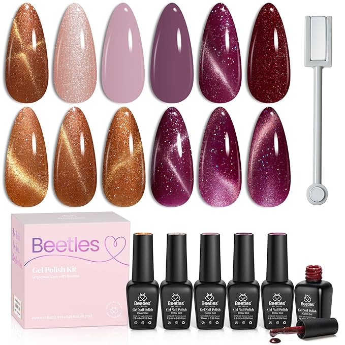 Beetles Cat Eye Gel Nail Polish Set, 6 Colors Brown Purple Glitter Nude Sparkle Stunning Champagne Burgundy Gold lavender Magnetic Effect Nail U v Gel Polish Art Design Gifts for Women