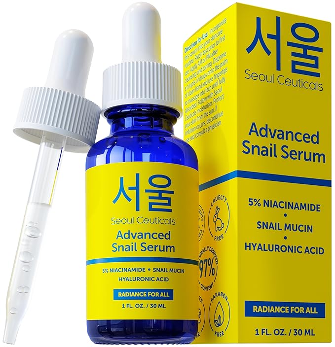 SeoulCeuticals Korean 5% Niacinamide + Snail Mucin 97.5% Essence Serum + Hyaluronic Acid, Cruelty Free Korean Skin Care, Natural & Organic Anti Aging Face Serum for Dull Skin, K Beauty 1oz